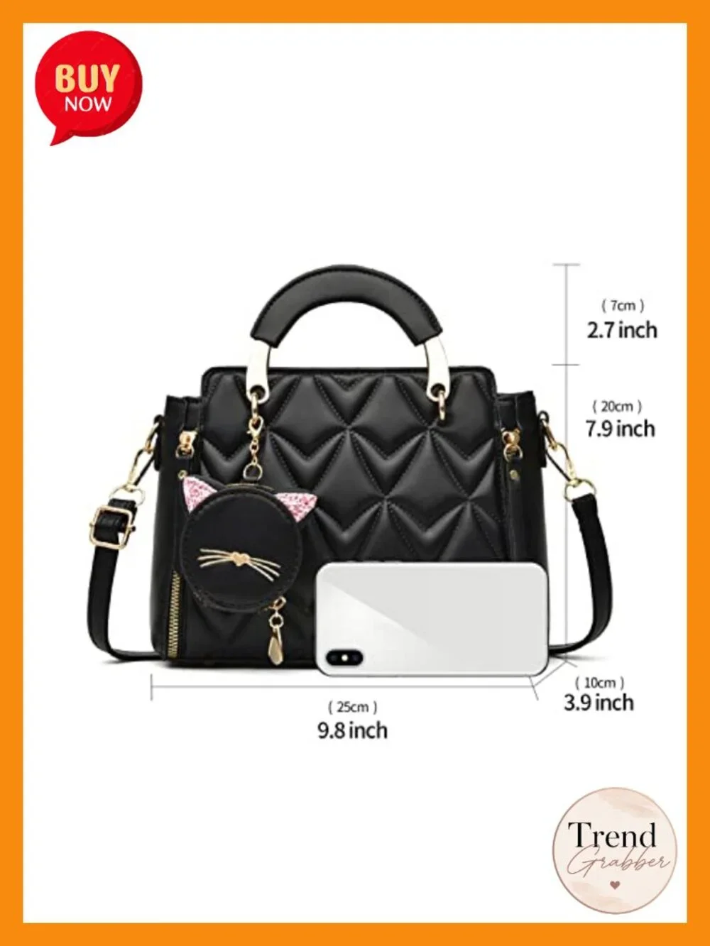 PU Leather Satchel Handbag Crossbody Shoulder Bag Small Tote with Kitten Pendant